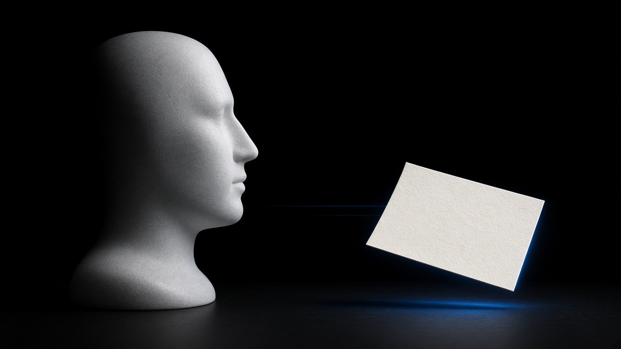 A still stone profile beside a small sticky note, linked by a thin blue light.