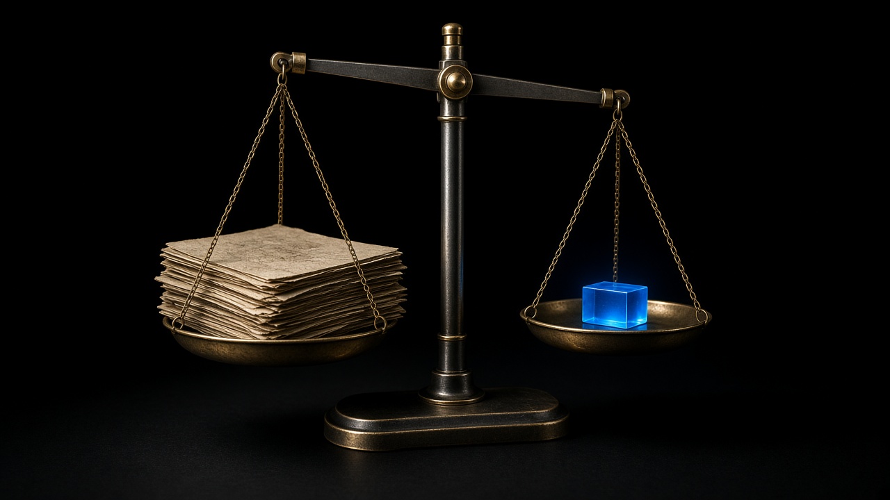 A balance scale: a heavy stack of paper against a small glowing chip.