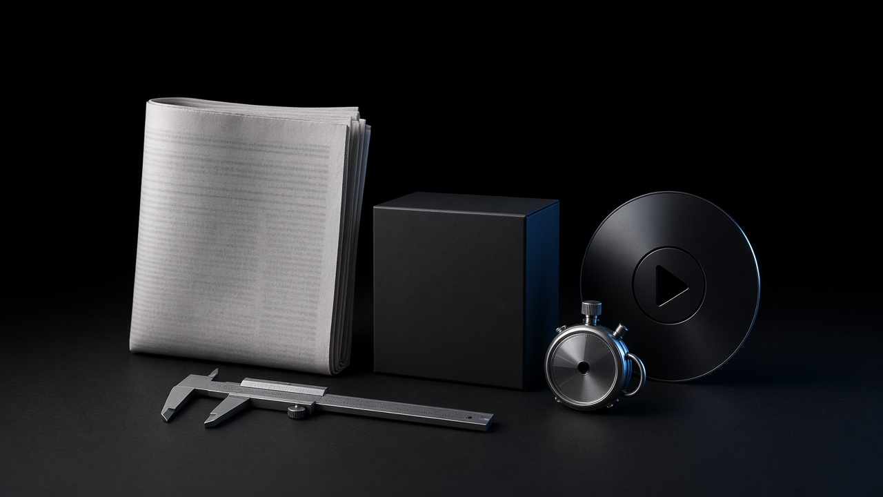 Newspaper, product box, and play disc in a row, with a caliper and stopwatch.